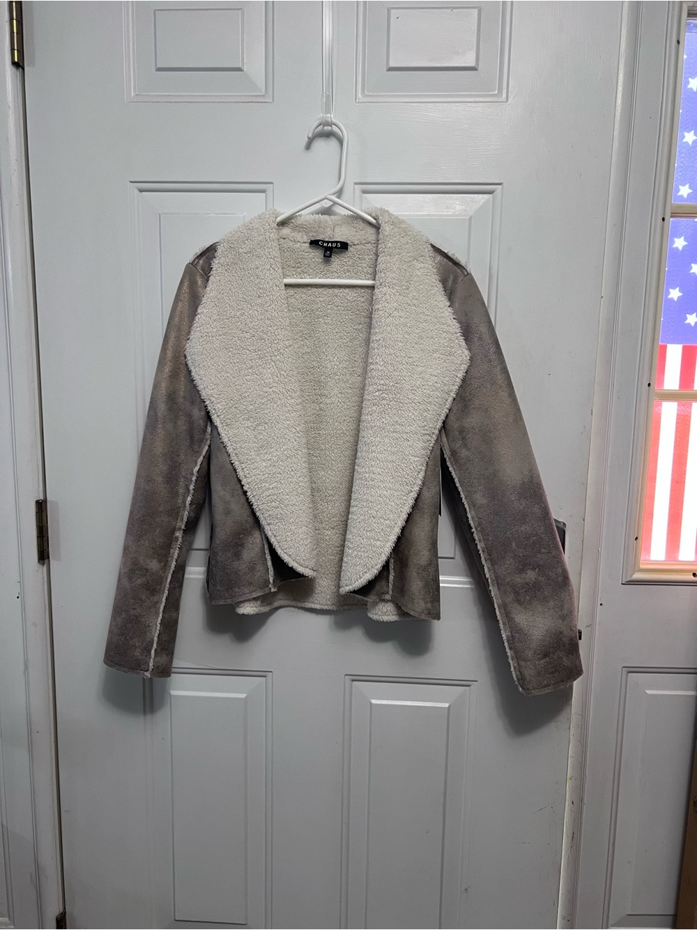 Chaus Womens 14 Faux Suede Sherpa Jacket NWT Open Front Khaki MSRP $179